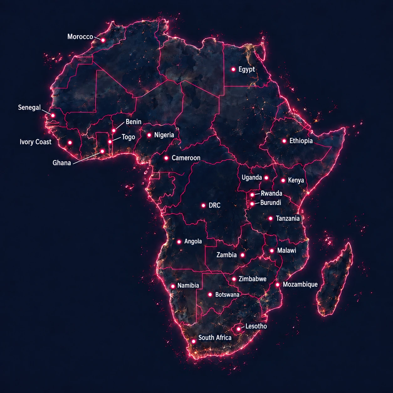 Map of Africa marking the 25 countries where Fringe researches customer needs and tests solutions.